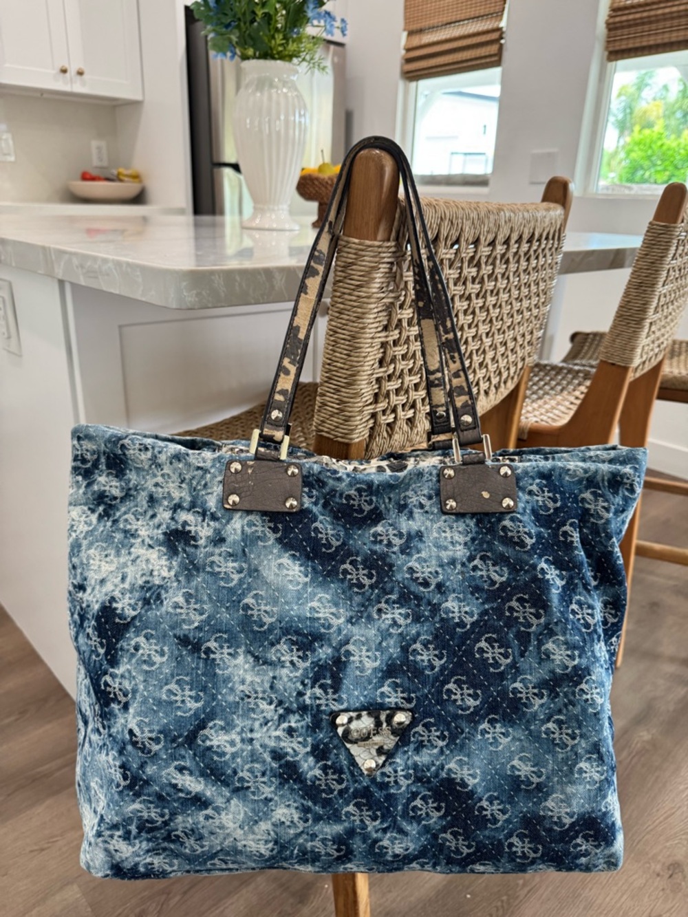 Vintage GUESS Blue Denim Logo Print Large Monogram Y2K Tote Shoulder Bag-READ